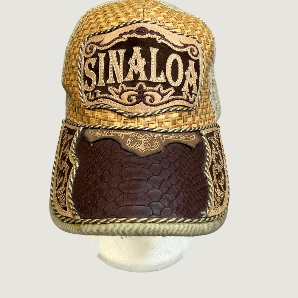 Sinaloa Western Straw Mesh Trucker Hat Brown Faux Crocodile Snapback Cap